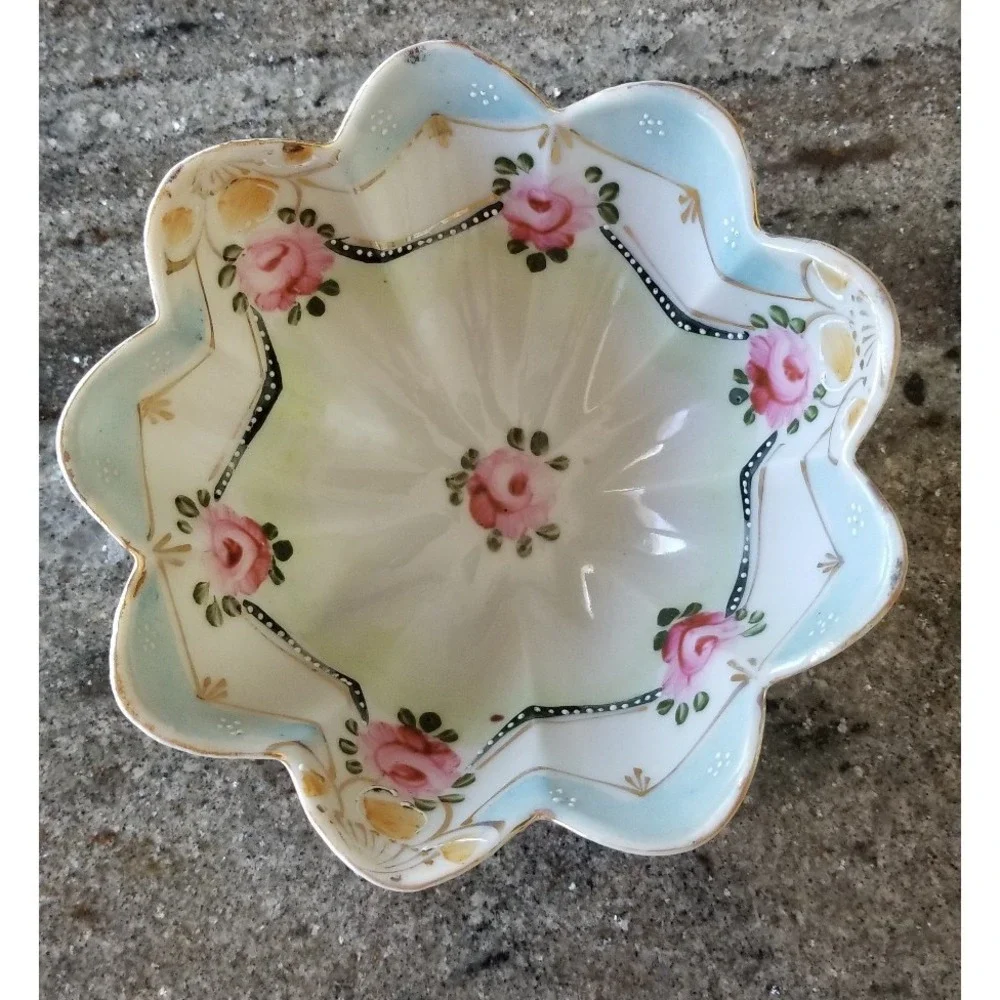 Vintage Hand Painted Nippon Moriage Footed Nut/Candy Bowl Floral Motif